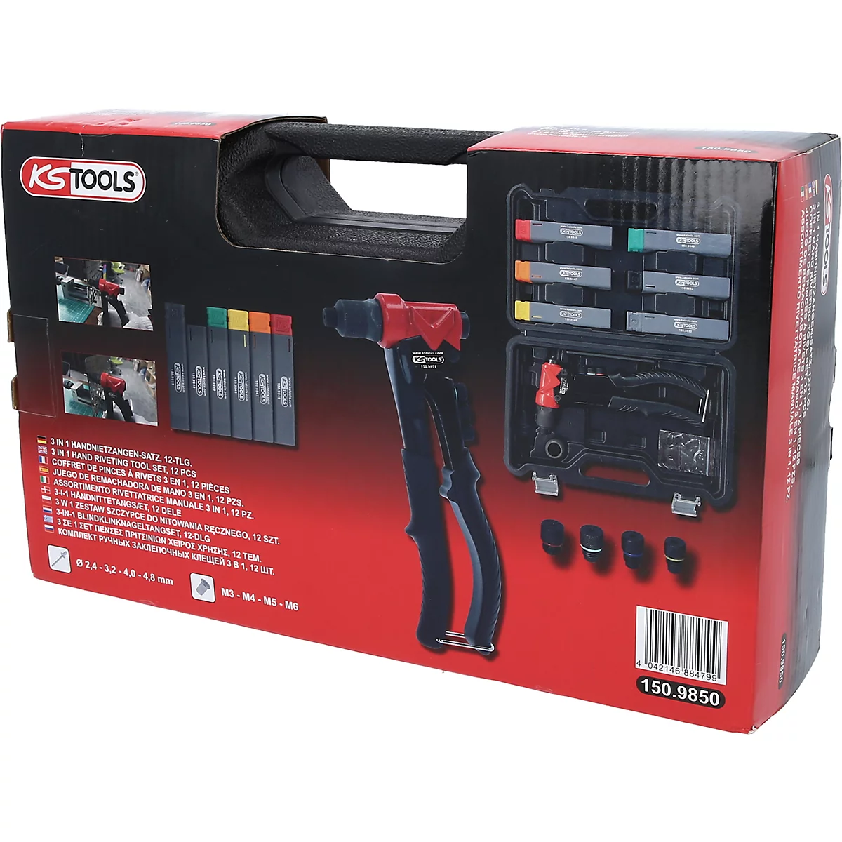 Rote und schwarze Nietzange im Koffer. Auf der Verpackung steht KS TOOLS und verschiedene Sprachen.